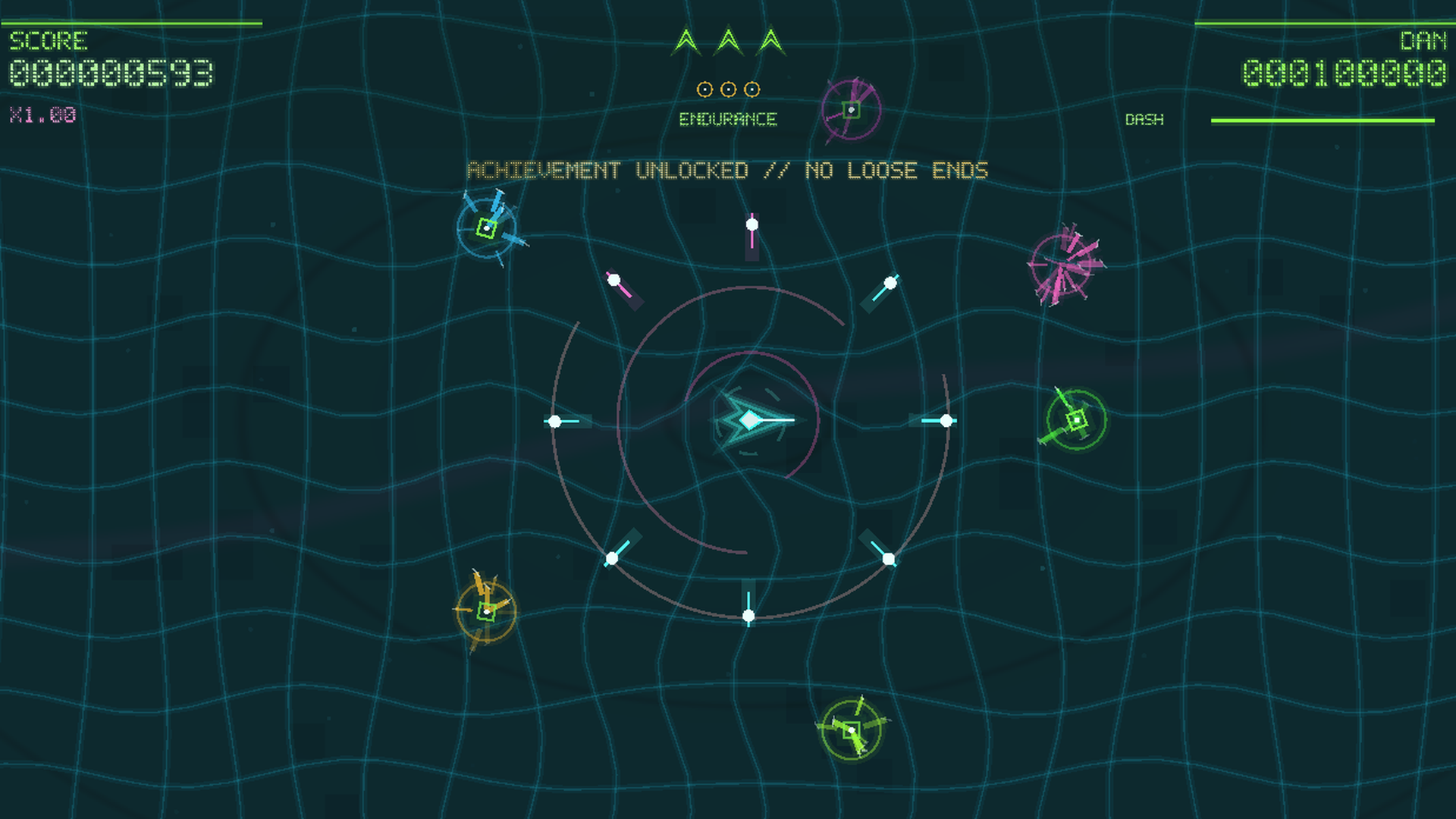 A bomb shockwave clearing geometric enemies