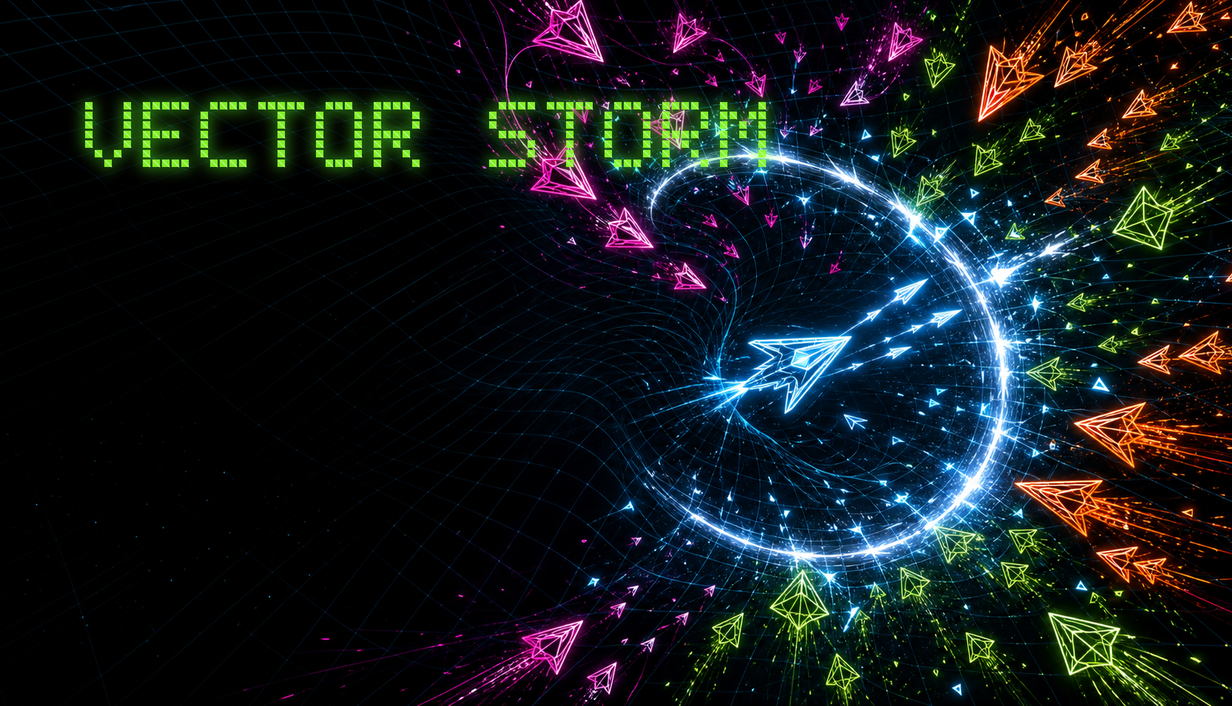 Vector Storm ship surrounded by a multicoloured geometric enemy storm